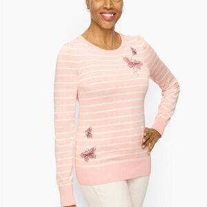94 Talbots Butterfly Embroidered Sweater – Size L | Pink Stripes | Cottagecore